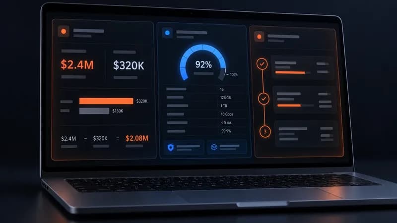 Dark laptop dashboard with three side-by-side panels showing a business case, a technical specification and an end-user workflow for one buying decision
