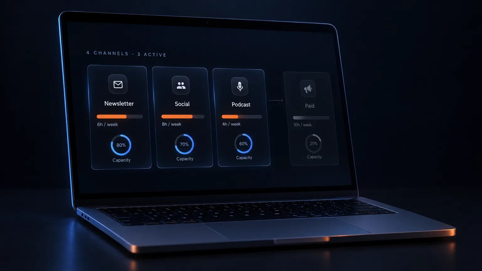 Dark SaaS dashboard on a space gray MacBook Pro showing a content channel priority board with newsletter, social, podcast and paid cards, the paid card dimmed and set aside