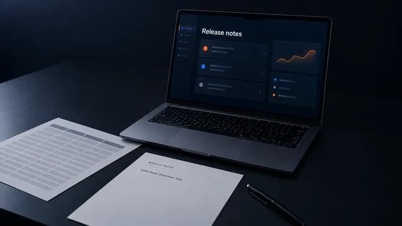A desk with a competitor pricing PDF, an open browser showing release notes and a printed weekly note naming one decision